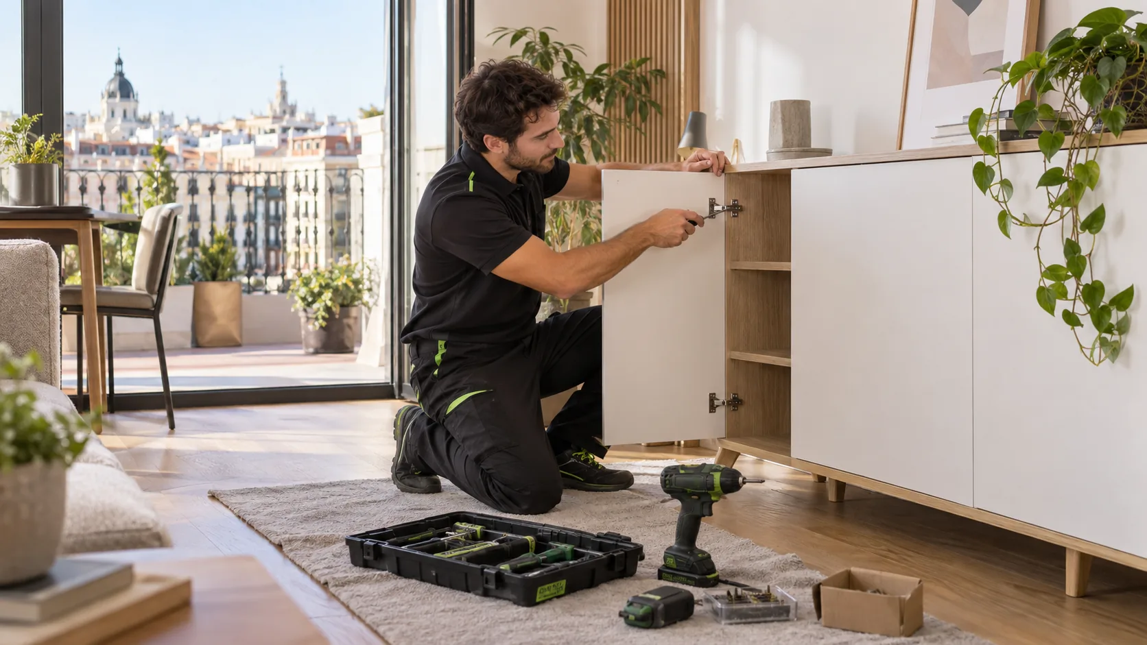 Proceso visual de contacto, llegada, montaje y mueble terminado